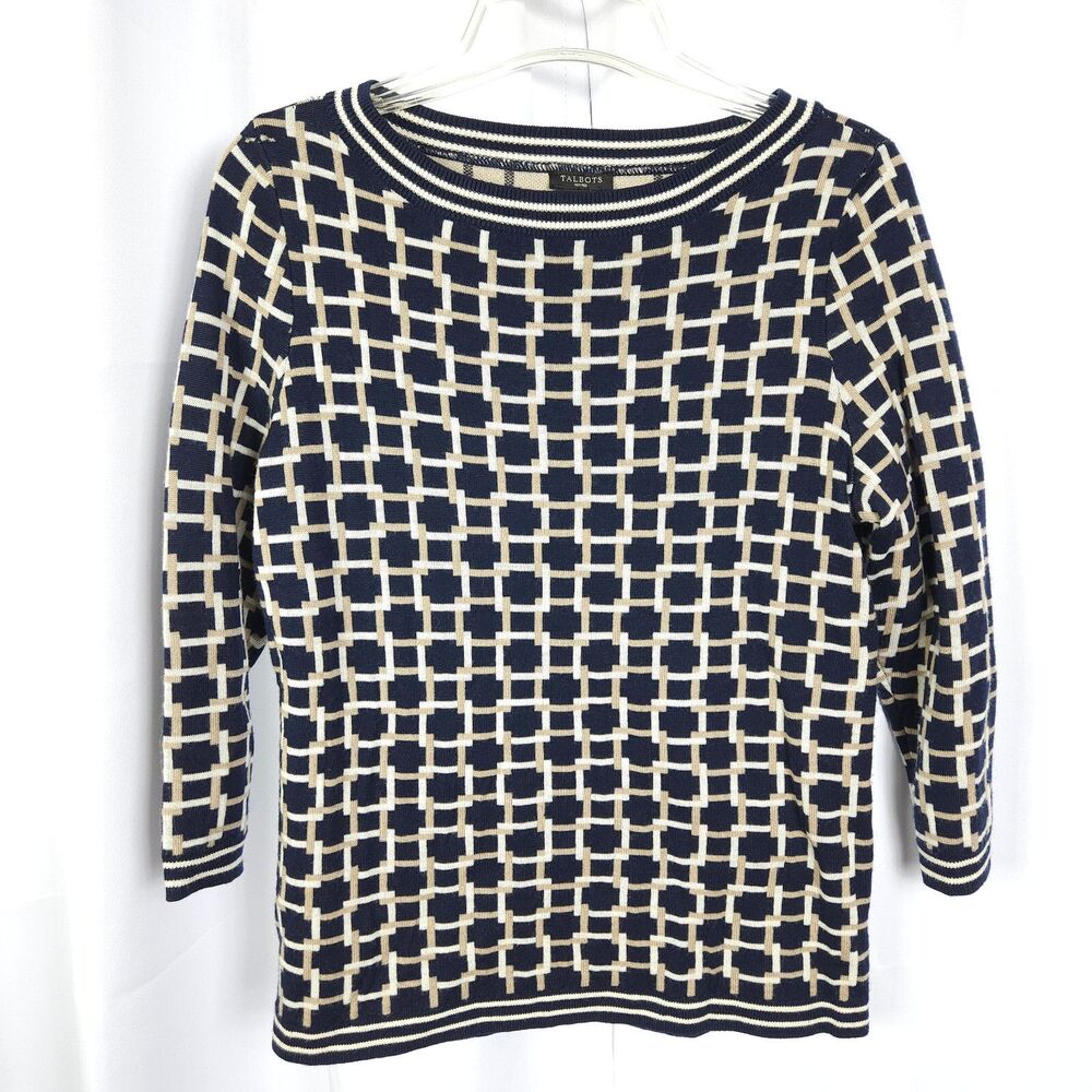 Talbots‎ Black Beige Geometric Merino Wool Sweater Women's Petite Medium